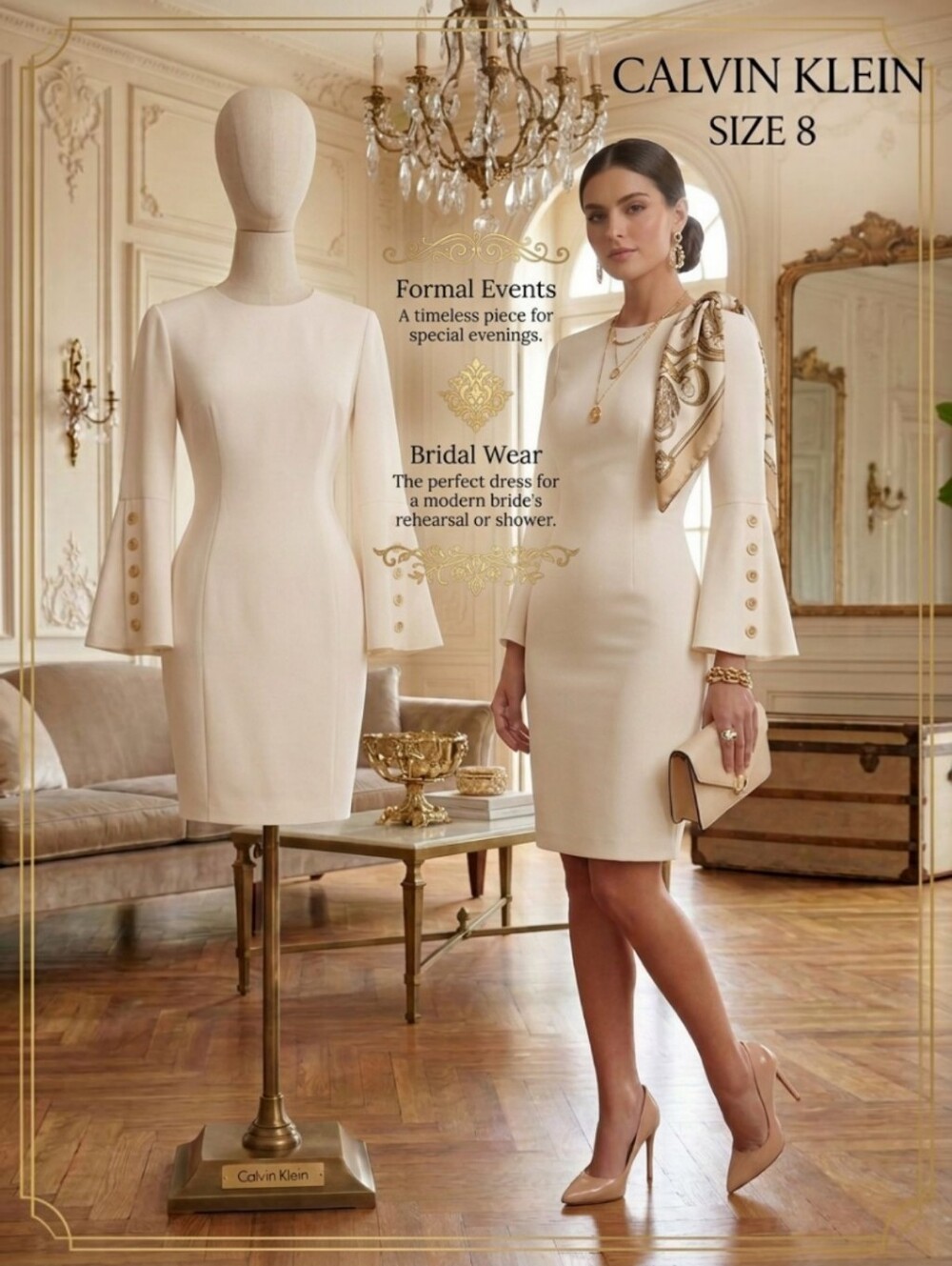 Calvin Klein Ivory Bell Sleeve Sheath Dress Gold Button Detailing On Bells Sz 8